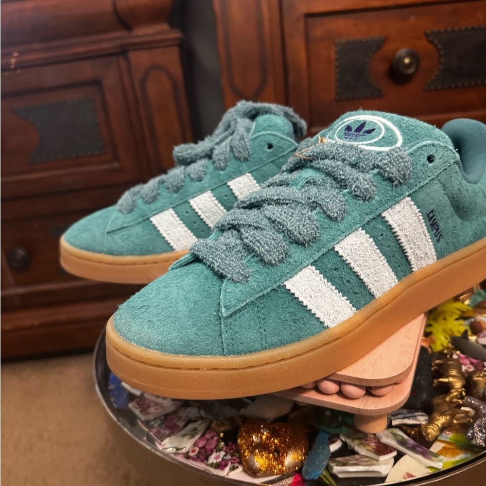 Adidas Teal Suede Sneakers with White Stripes